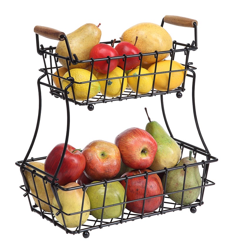 SunnyPoint 2-Tier Rectangle Countertop Fruit, Bread Wire Basket (Black, Metal) - Image 1